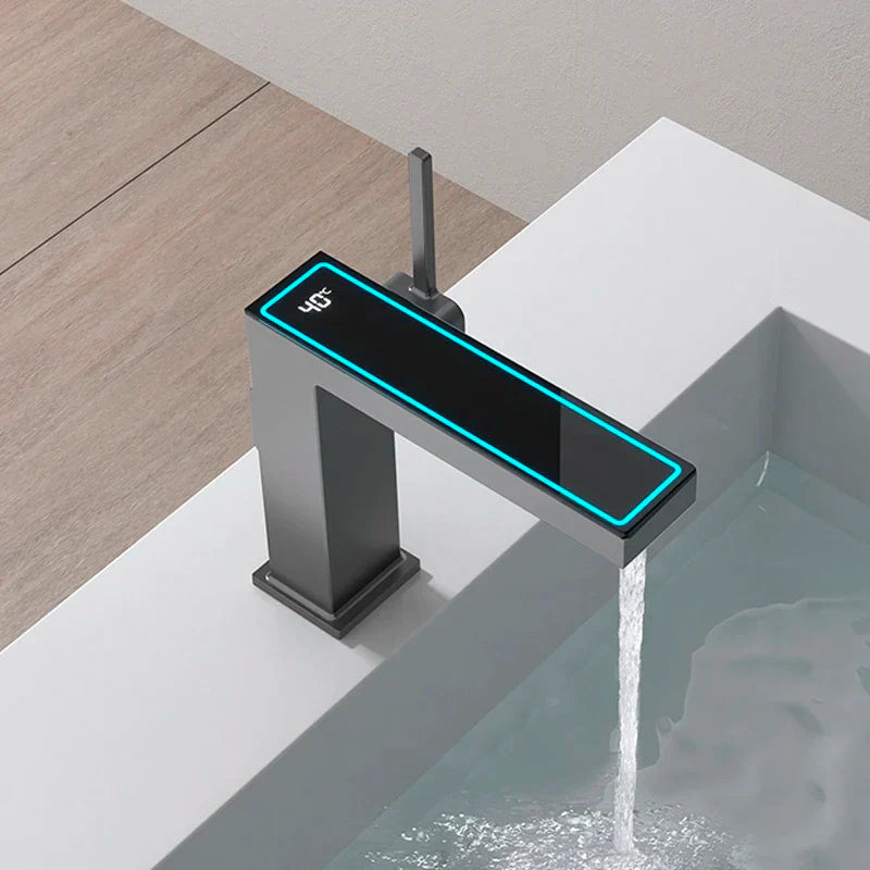 Decorbites™ Gun-Grau Digitales Display Beckenarmatur: Moderne Schwarze Badezimmer-Waschbeckenarmatur mit Temperaturanzeige