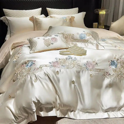 DecorBites™ Luxe Brocade Cotton Flowers Embroidery Bedding Set Cream/Champagne Patchwork