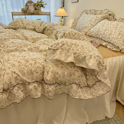 Decorbites™ Koreanische Prinzessin Blumenmuster-Bettwäsche-Set aus gewaschener Baumwolle für Mädchen