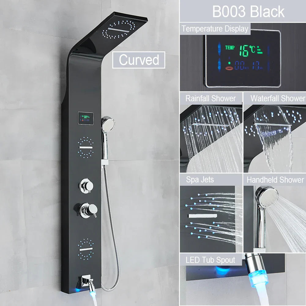 Decorbites™ LED-Licht-Duscharmatur-System: Regenwald, Massage-Düsen, Wasserfall-Panel mit Temperatursteuerung