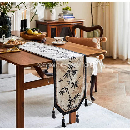 Decorbites™ Bambusblatt-Schwalben-Druck Tischläufer für Chinoiserie Chic Landhaus-Dekoration