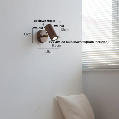 DecorBites™ LED Walnut Wood Wall Light Fixture Clear Glass Sconce Bedside Lamp