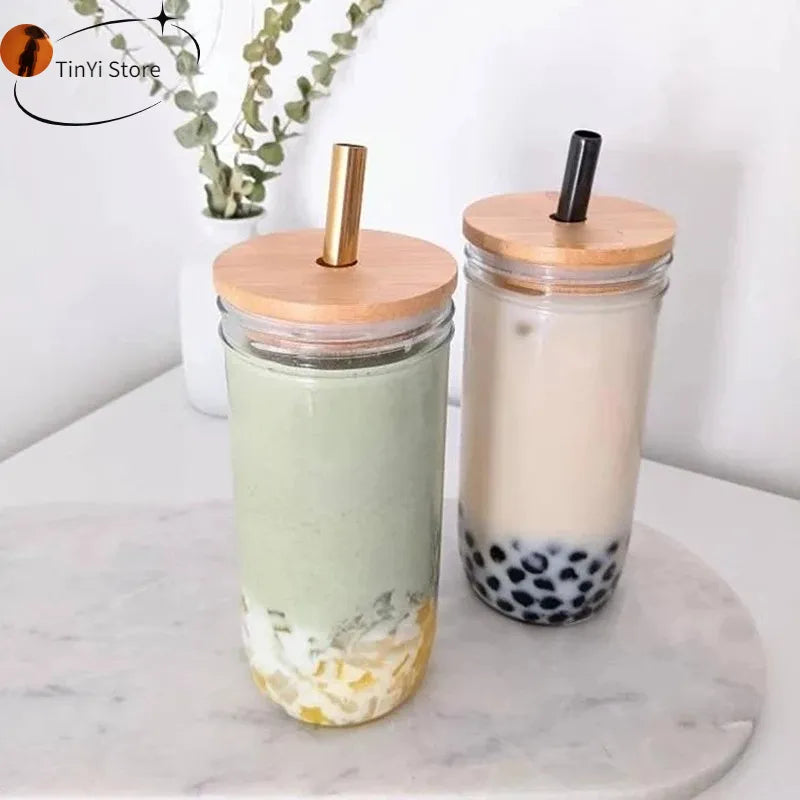 Decorbites™ Glas-Boba-Smoothie-Becher mit Bambusdeckel & Edelstahlstrohhalm