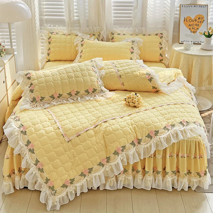 Decorbites™ Koreanische Prinzessinnen-Bettwäsche: Blumen, Spitze, Rüschen, Stickerei, Steppung, Bettbezug, Überdecke
