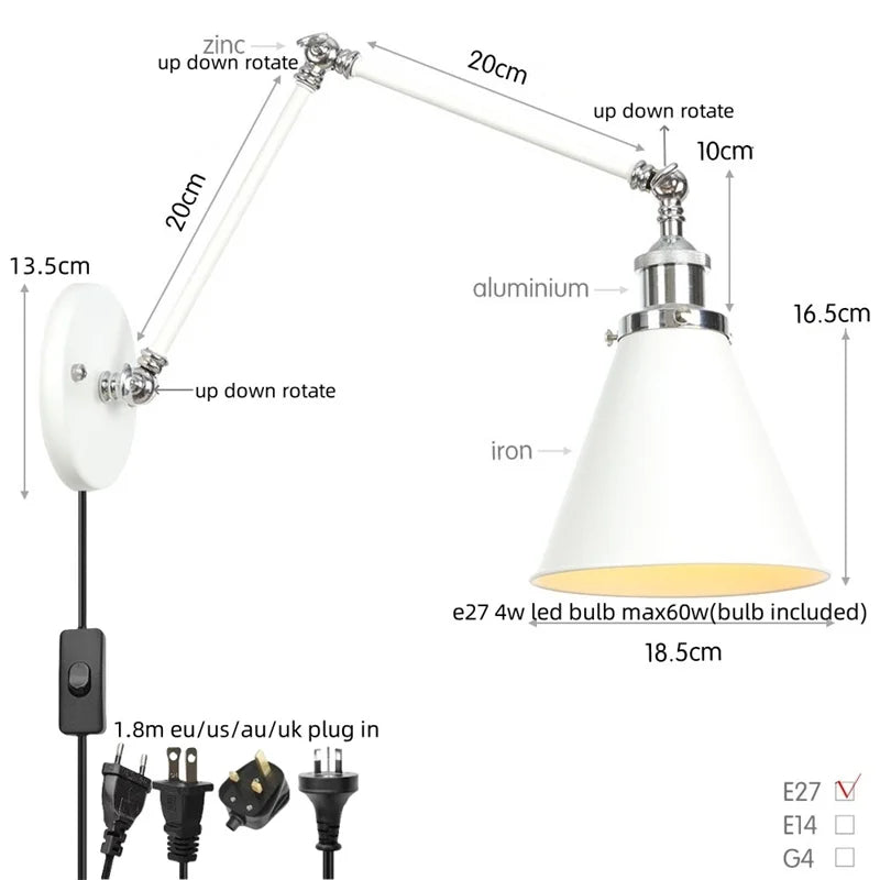 Decorbites™ Industrielle Linse Vintage-Loft-LED-Wandleuchte mit Schwingarmen und Zugschalter
