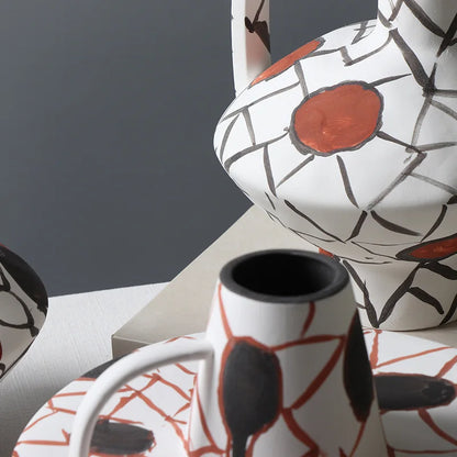 DecorBites™ Geometric Graffiti Ceramic Vase with Handles for Home Decor and Floral Arrangements.