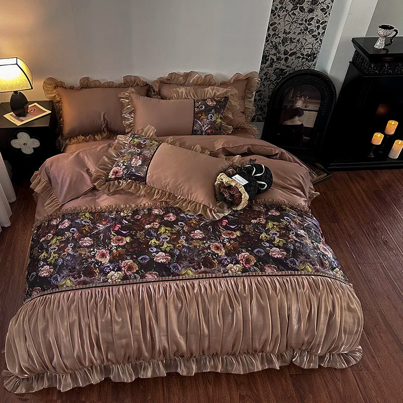 DecorBites™ French Organza Lace Ruffles Bedding Set, Egyptian Cotton Duvet, Sheets & Pillowcases