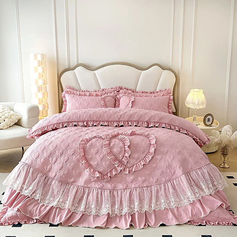 Decorbites™ Koreanische Prinzessin-Stil-Bettwäsche-Set mit Spitzenvolants und Liebesthema