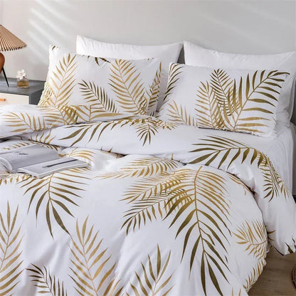 DecorBites™ Gold Print Queen Duvet Set with 2 Pillowcases - Soft & Stylish Bedding Solution