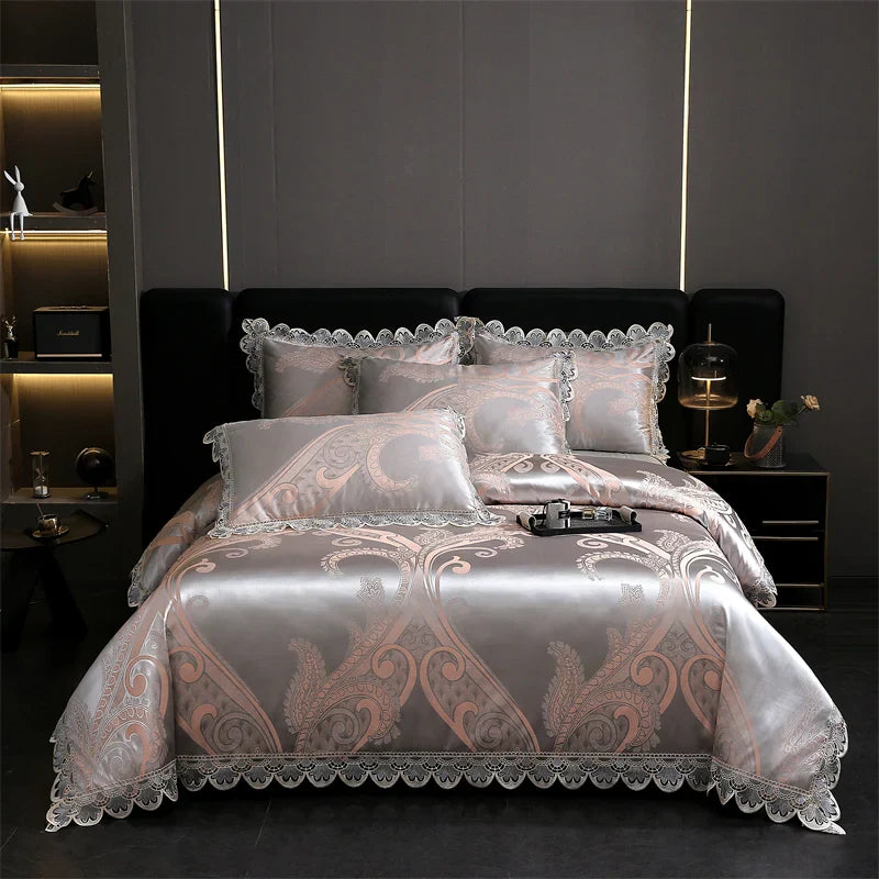Decorbites™ Golden Jacquard-Baumwoll-Spitzen-Bettwäsche-Set – Seidig weiche Daunendecke, Spannbettlaken, Kissenbezug
