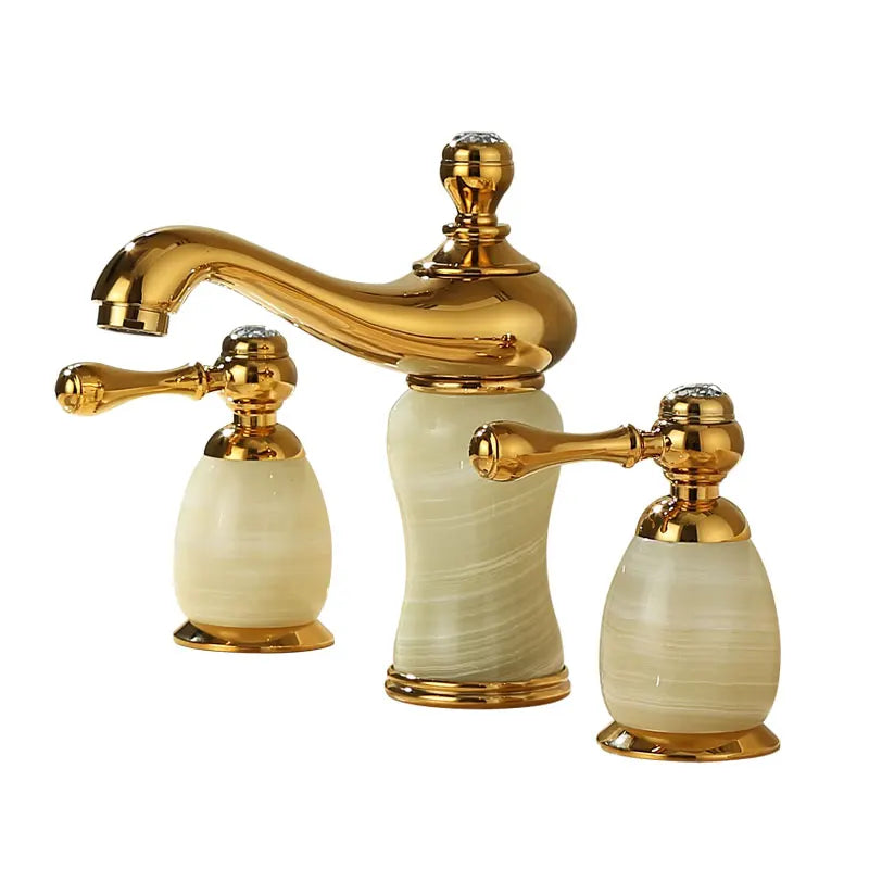 Decorbites™ Gold Messing Jade 3-Loch-Wandmontage Beckenarmatur mit Doppelgriff