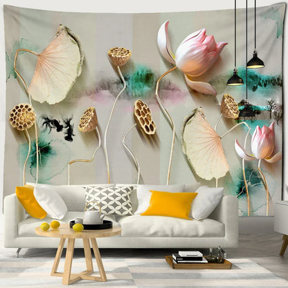 Decorbites™ Tintenlotus-Koi-Gobelin: Boho-Ästhetik Psychedelische Raumkunst Hippie-Dekoration