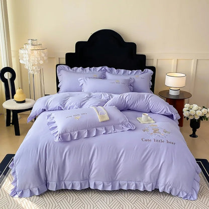 DecorBites™ French Embroidered Cotton Bed Skirt Set with Ruffled Edges