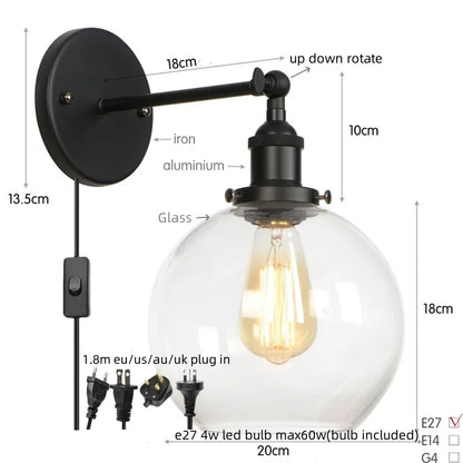 Decorbites™ Glasgloben-LED-Wandleuchte Modern Industrie Rustikal Vintage Nachttischlampe