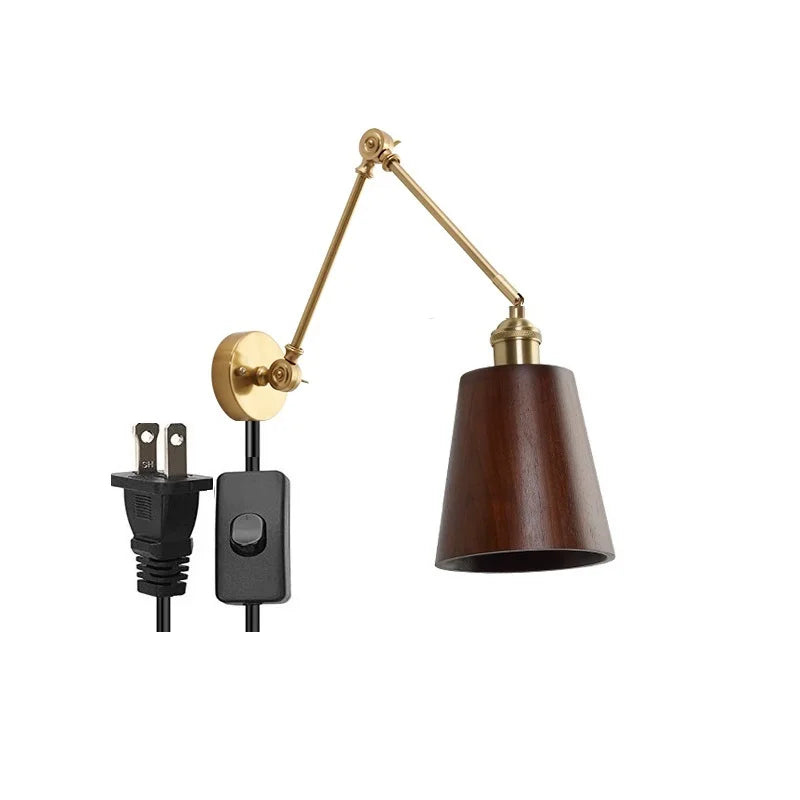 DecorBites™ Copper Swing Arm LED Wall Sconce with Pull Chain Switch, Modern Nordic Wooden Lamp