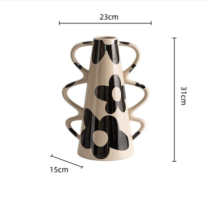 DecorBites™ Geometric Check Pattern Ceramic Vase with Handle for Home Decoration