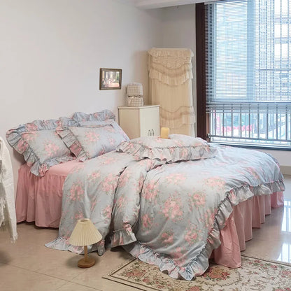 DecorBites™ French Rose Flowers Print Lace Ruffles Cotton Bedding Set - Duvet, Bed Skirt, Sheets & Pillowcases