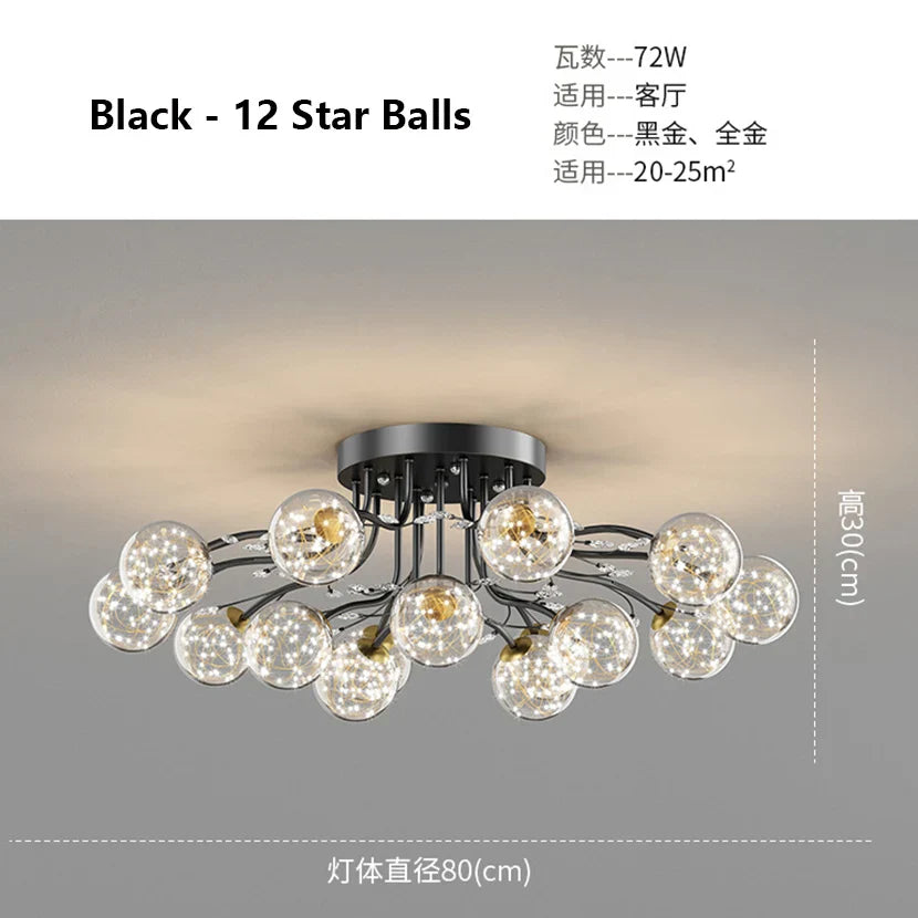 Decorbites™ Glas-Blase-Kugel-LED-Deckenleuchte in Schwarz-Gold-Kristall für Schlafzimmer & Wohnzimmer
