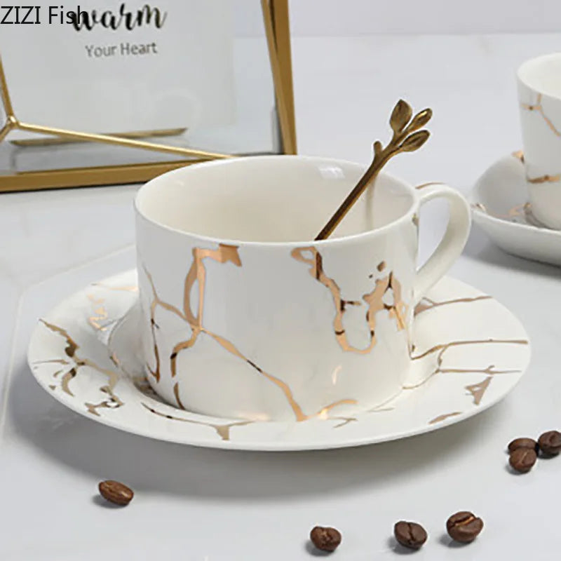 DecorBites™ Gilded Marble Texture Ceramic Cup & Saucer Set for Dining Table Tea & Coffee