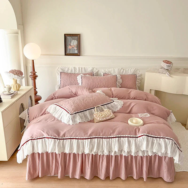 Decorbites™ Spitzen-Volants-Bettwäsche-Set: 4-teilig, einfarbiges Prinzessinnen-Bettüberzug, Bettrock, 100% Baumwoll-Kissenbezug