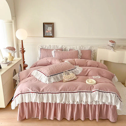 Decorbites™ Spitzen-Volants-Bettwäsche-Set: 4-teilig, einfarbiges Prinzessinnen-Bettüberzug, Bettrock, 100% Baumwoll-Kissenbezug