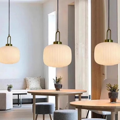 Modern Striped Glass Pendant Light in Transparent Milk White