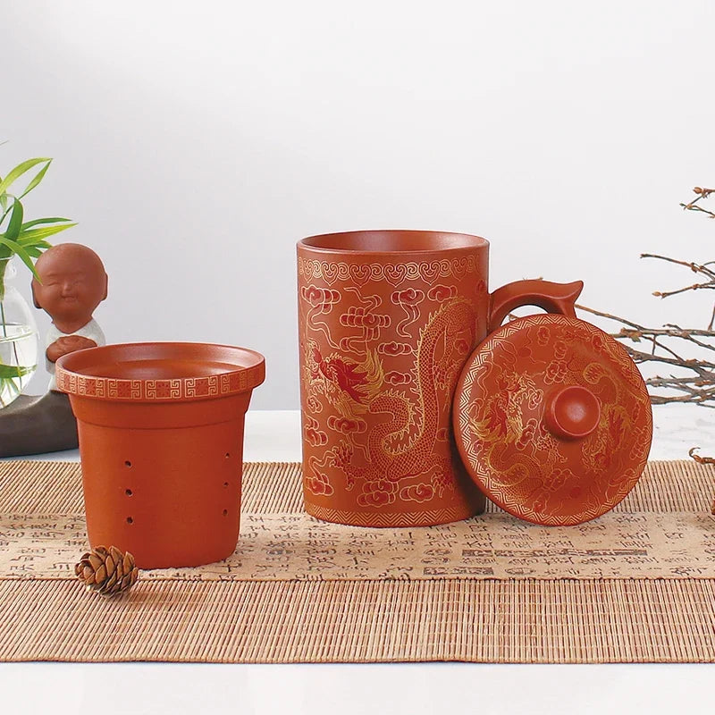 Decorbites™ Drachen-Lila-Ton-Teetasse mit Deckel und Sieb, handgefertigte Yixing-Teetasse