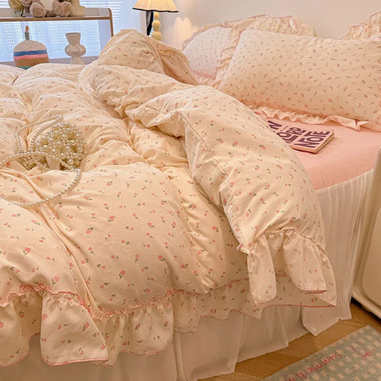 Decorbites™ Koreanische Prinzessin Blumenmuster-Bettwäsche-Set aus gewaschener Baumwolle für Mädchen