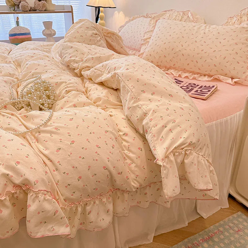 Decorbites™ Koreanische Prinzessin Blumenmuster-Bettwäsche-Set aus gewaschener Baumwolle für Mädchen