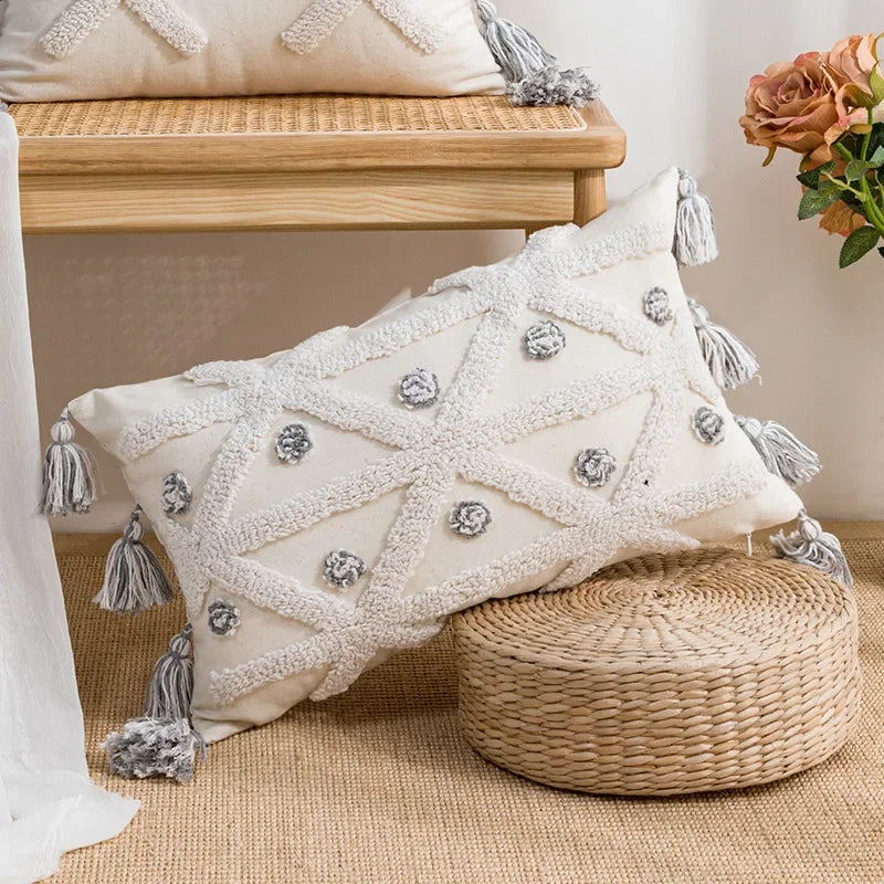 DecorBites™ Geometric Embroidery Tassel Cushion Cover - Grey White Simple Loop Tufted Pillow