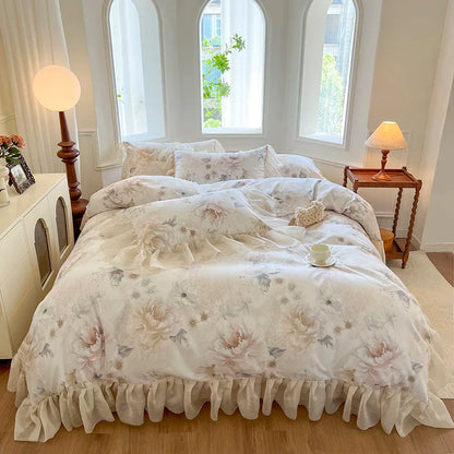 Decorbites™ Französisches Vintage-Spitzen-Prinzessinnen-Bettwäsche-Set mit Blumenprint-Bettüberzug