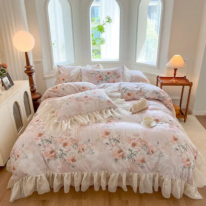 Decorbites™ Französisches Vintage-Spitzen-Prinzessinnen-Bettwäsche-Set mit Blumenprint-Bettüberzug