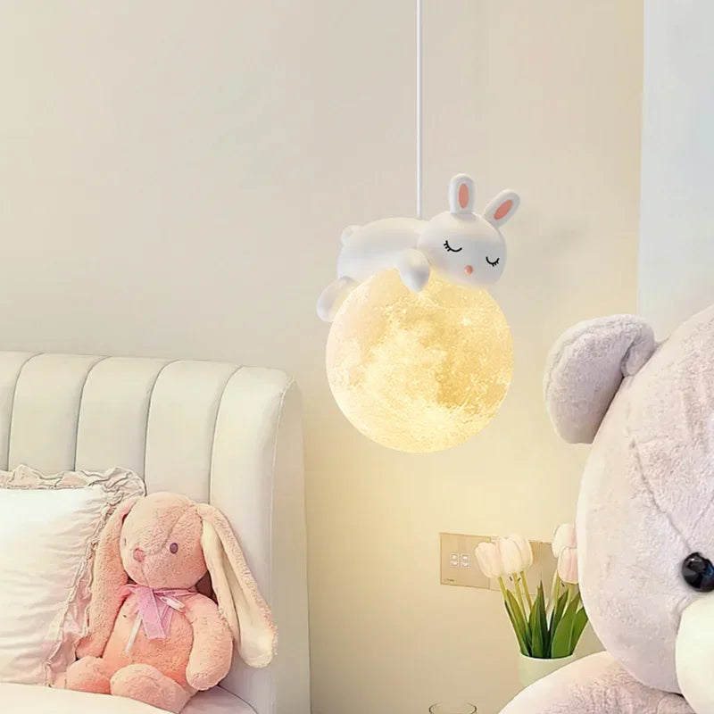 DecorBites™ Kids Room LED Chandeliers White Bear Bunny Pendant Light Glass Bedside Lamp