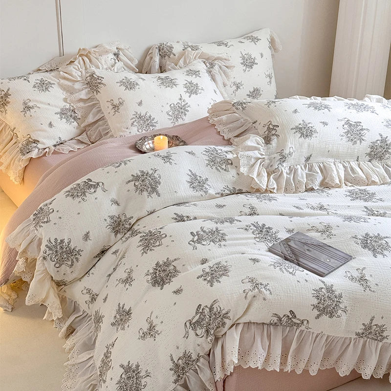 Decorbites™ Französische Spitzen-Volants-Blumenmuster 100% Baumwoll-Bettwäsche-Set mit Daunendeckelbezug, Laken und Kissenbezügen