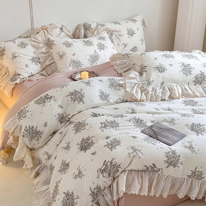 Decorbites™ Französische Spitze Blumen-Volants-Bettwäsche-Set - 100% Baumwolle Gerüschtes Garn 4 Stk.