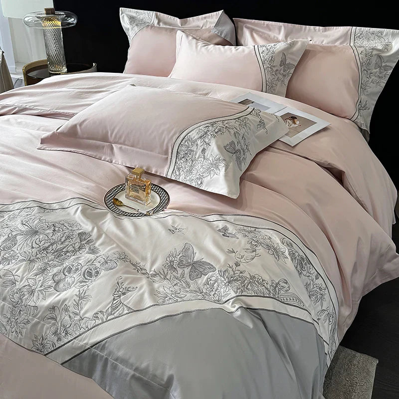 Decorbites™ Luxus-Schmetterlingsblumen-Stickerei-Bettwäsche-Set mit Steppdecke Bezug Laken Kissenbezügen 4Stk