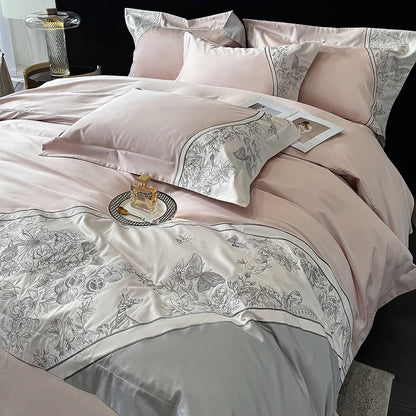 Decorbites™ Luxus-Schmetterlingsblumen-Stickerei-Bettwäsche-Set mit Steppdecke Bezug Laken Kissenbezügen 4Stk