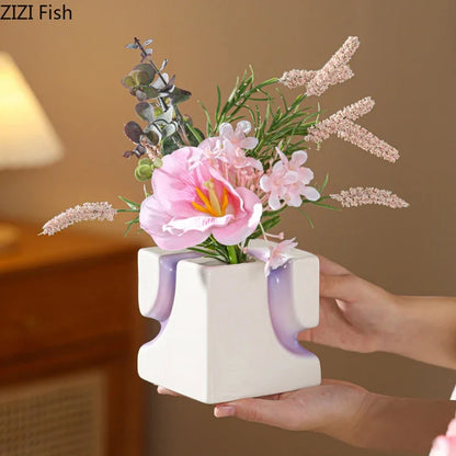 Decorbites™ Geometrische Blöcke Vase: Dekoration für den Schreibtisch mit Farbverlauf und künstlichen Blumen