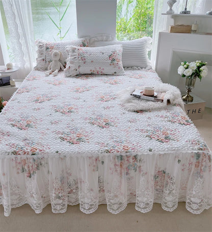 DecorBites™ French Floral Print Bedding Set: Duvet Cover, Lace Ruffles, Quilted Embroidery, Pillowcases