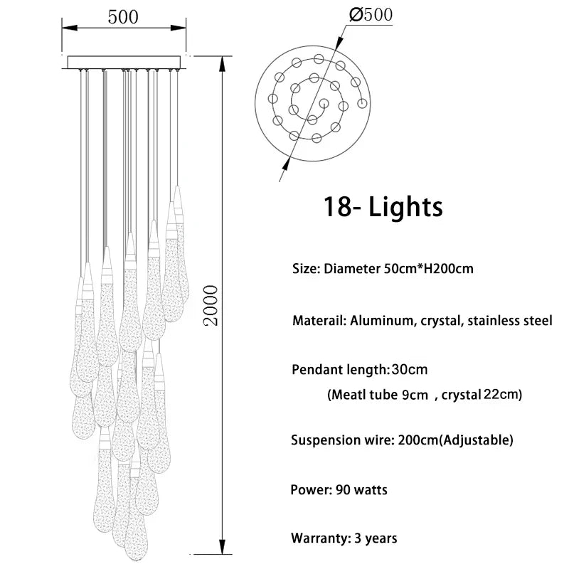 DecorBites™ Crystal Tear Drop Chandelier for Staircase, LED Pendant Light in Gold - Indoor Decor