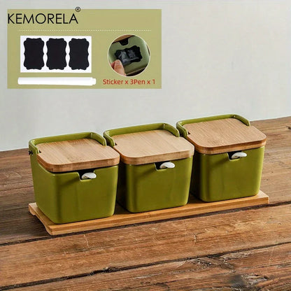 Decorbites™ Japanisches Retro-Keramik-Gewürzgefäß-Set mit Tablett - 3-teiliges Küchenorganizer