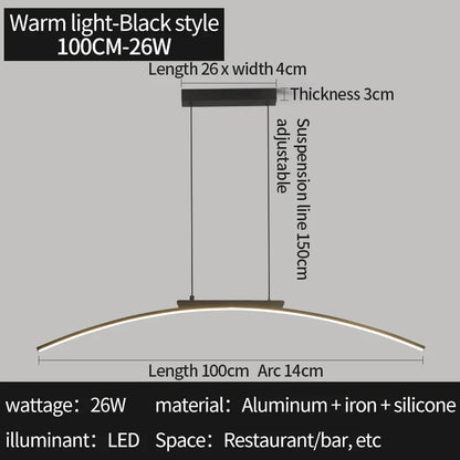 Modern Curved Bridge LED Pendant Light in Black or Gold