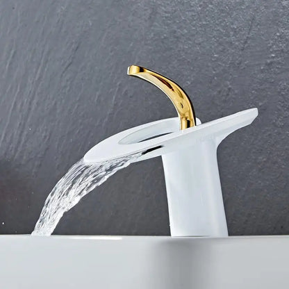 Decorbites™ Golden/Weißes Beckenarmatur: Schwarzes Messing-Wasserfall-Waschbeckenmischer, Heiß & Kalt.