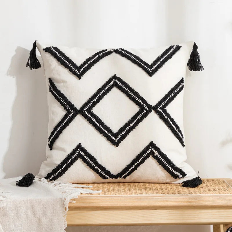 DecorBites™ Geometric Tufted Cotton Canvas Embroidered Pillow Covers for Home Decor