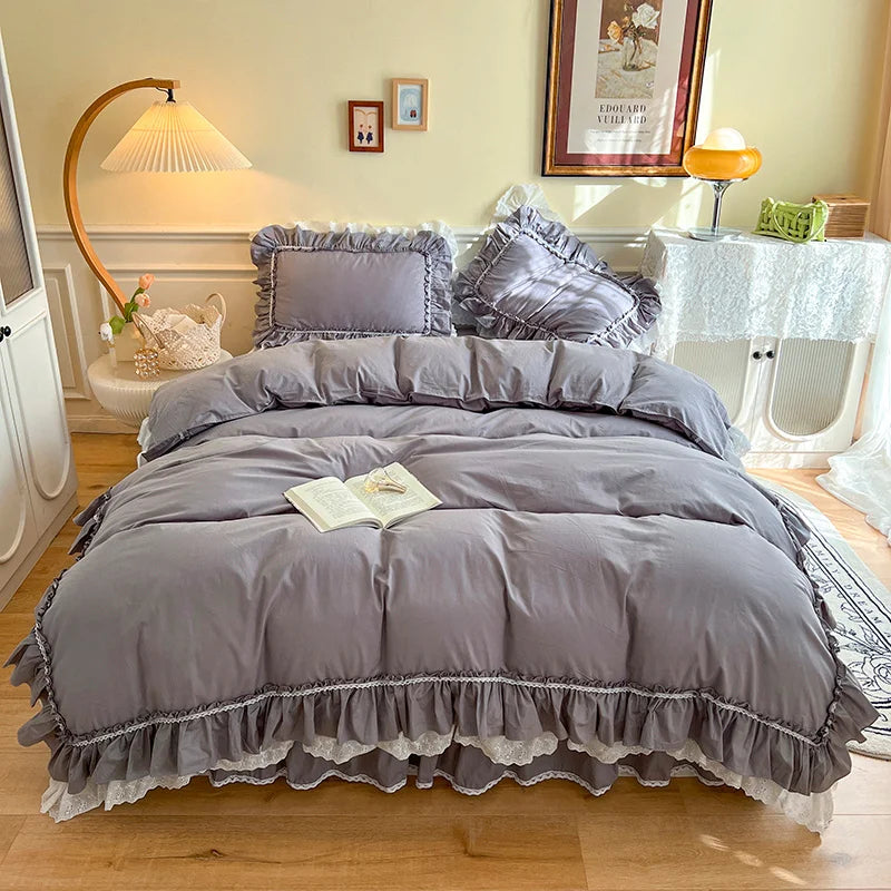 DecorBites™ Korean Princess Style Double Ruffle Bedding Set for Queen King Bed