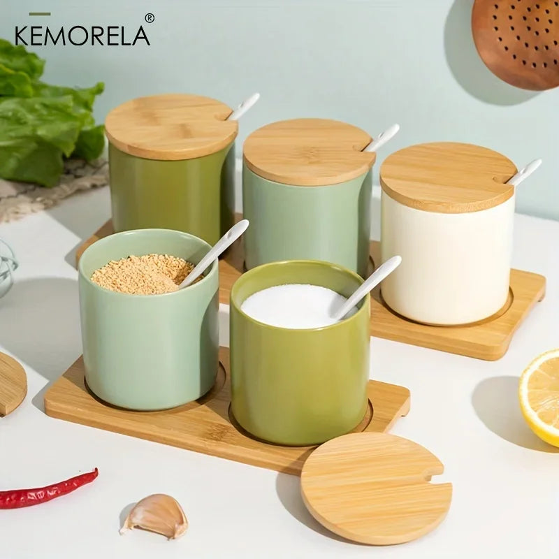 Decorbites™ Japanisches Retro-Keramik-Gewürzgefäß-Set mit Tablett - 3-teiliges Küchenorganizer