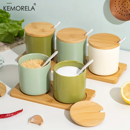 Decorbites™ Japanisches Retro-Keramik-Gewürzgefäß-Set mit Tablett - 3-teiliges Küchenorganizer