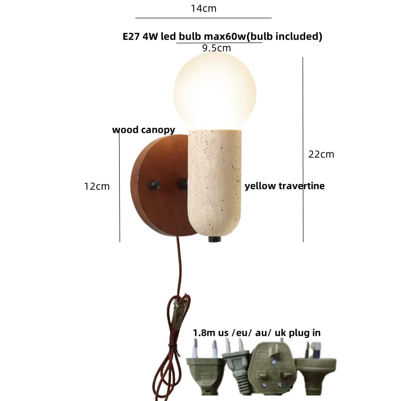 DecorBites™ LED Wall Sconce Pull Chain Switch Modern Wood Yellow Travertine Stair Light