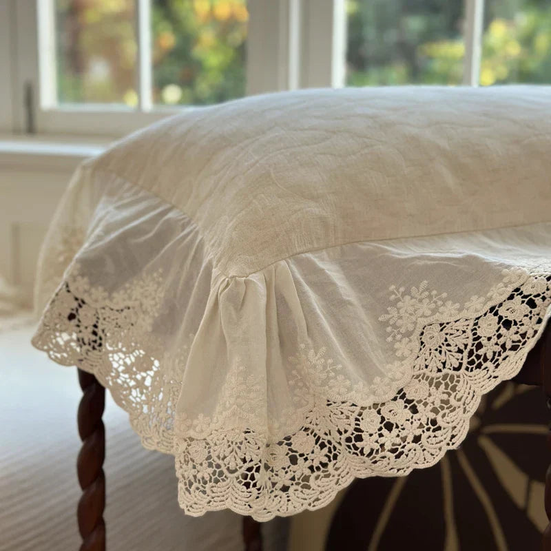 Decorbites™ Jacquard-Leinen-Baumwoll-Bettwäsche-Set mit Rüschen und französischer Spitze in natürlichem Hautton