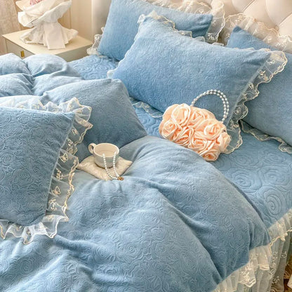 Decorbites™ Spitzen-Prinzessin-Bettwäsche-Set mit Samt-Bettrock & Steppdeckenbezug